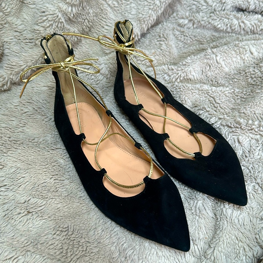NWOB J. Crew black and gold suede lace-up flats